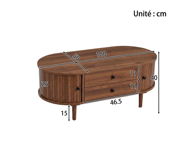  Table basse ovale effet noyer, avec 2 tiroirs, 100 x 50 x 40 cm  - Conforama C