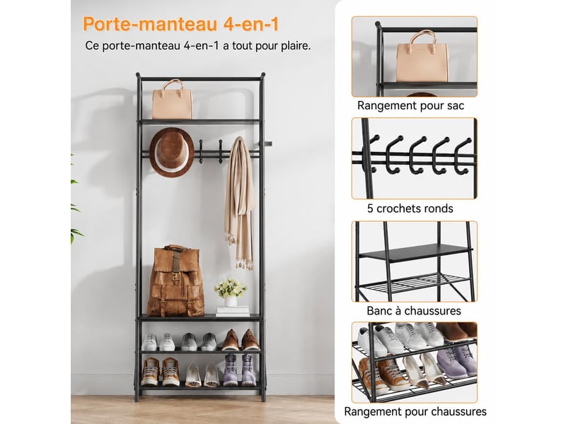  4-en-1 vestiaire d’entrée avec range chaussures, porte-manteau à 5 crochets, 180 x 63 x 30 cm, noir  - Conforama D