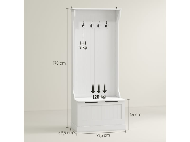 Meuble d'entrée 4 en 1, 71,5 x 39,5 x 170 cm, vestiaire d'entrée avec banc de rangement et 4 crochets doubles, blanc - Conforama C