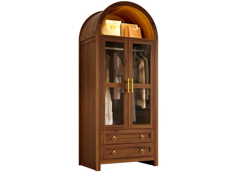  Armoire-penderie 76x50x185cm avec portes vitrées, tringle, 2 tiroirs et éclairage led multicolore, design incurvé, effet noyer evarich - Conforama A