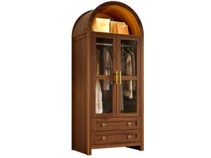 Armoire-penderie 76x50x185cm avec portes vitrées, tringle, 2 tiroirs et éclairage led multicolore, design incurvé, effet noyer