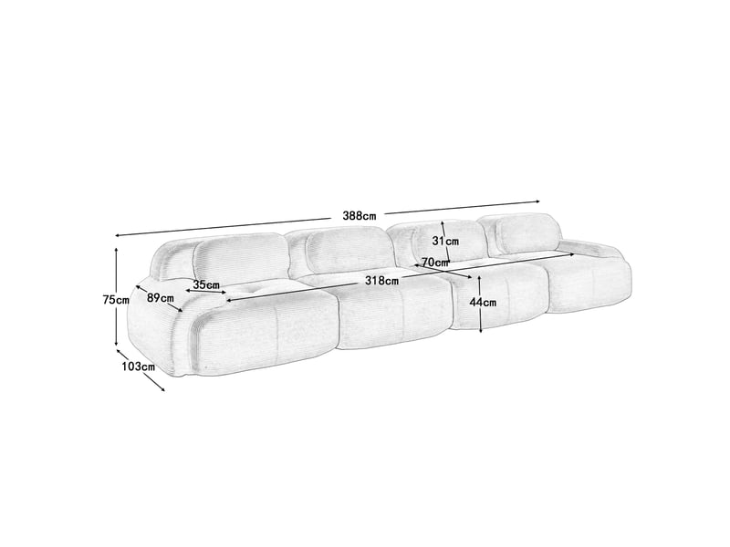 Canapé modulable 4 places en velours côtelé,ergonomique 32d hautement élastique et résistant,base anti-dérapant,sans assemblage noir 388x103x75cm - Conforama E