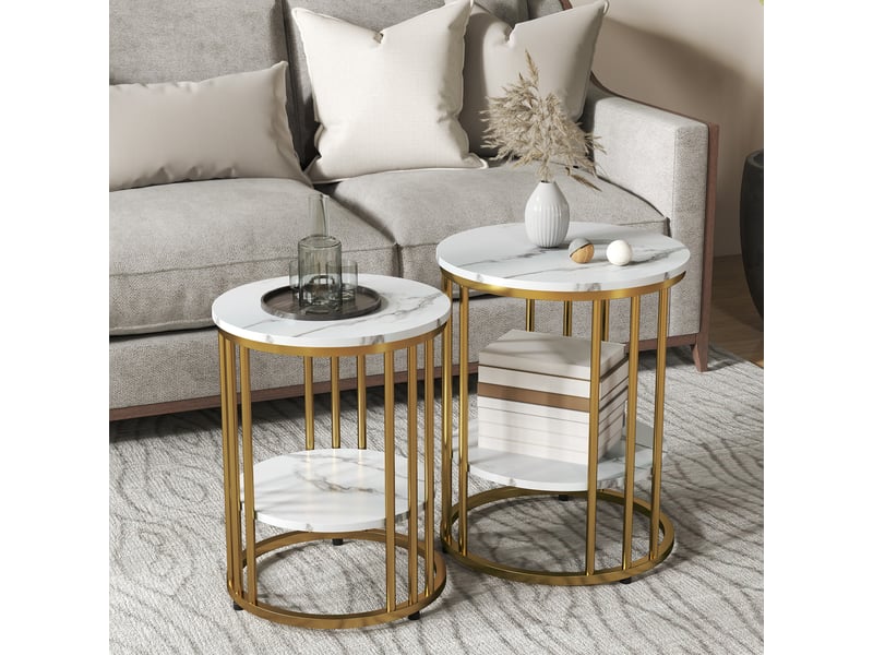Lot de 2 table basse gigogne rondes blanches effet marbre, rangement ouvert, pieds métal doré, style élégant - Conforama B