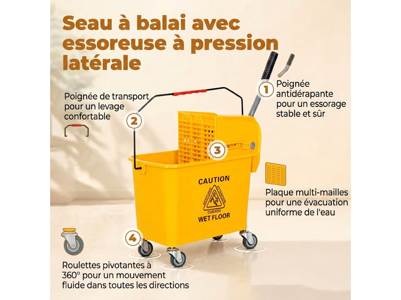  Chariot de nettoyage lavage seau de ménage 20 l 60l x 27l x 70,5h cm avec essoreur et séparateur eau sale propre jaune  - Conforama A