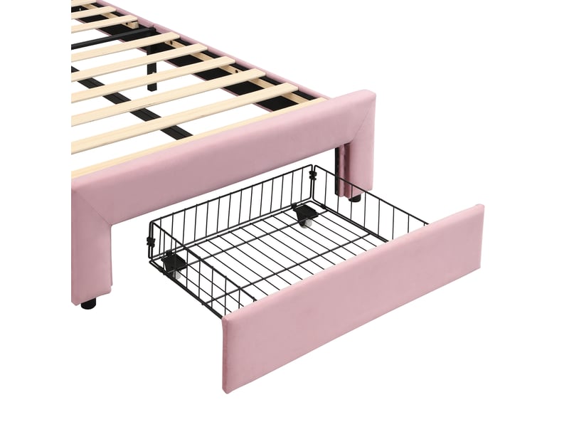  Lit enfant 90×200 cm avec tiroir, led contrôlée par application, velours rose sans matelas  - Conforama D