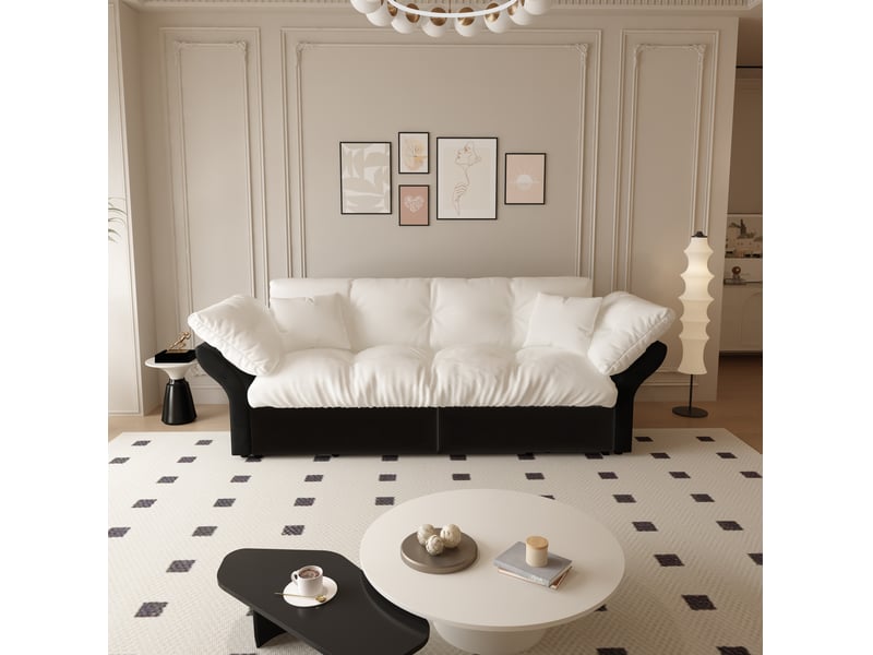  Canapé-lit 3 en 1, 2 places, 190x85x91 cm, style capitonné, 2 coussins inclus, gain de place, velours beige et blanc sans matelas  - Conforama B