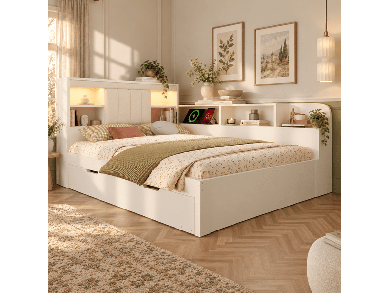  Lit gigogne 140x200 cm avec éclairage et ports de charge, tête de lit avec rangement en bois couleur blanc sans matelas  - Conforama B