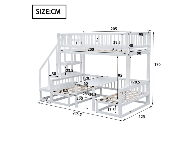  Lit superposé enfant,90x200 cm et 120x200 cm,avec escalier et table modulable,blanc  - Conforama C