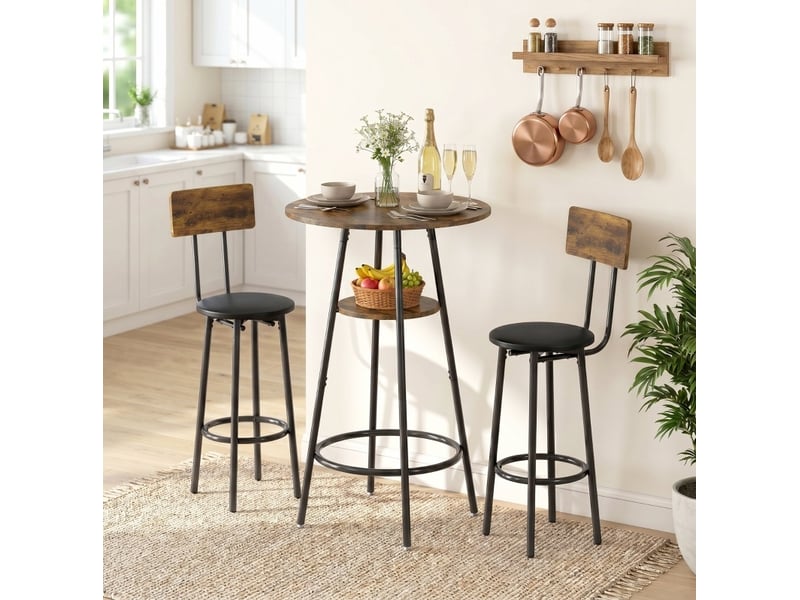  Ensemble table de bar industrielle avec 2 tabourets rembourrés, repose-pieds, étagère, marron rustique  - Conforama B