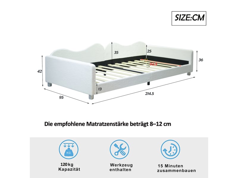  Lit enfant 90 × 200 cm 1 place avec dossier et accoudoirs, sans matelas, en tissu peluche, blanc  - Conforama D