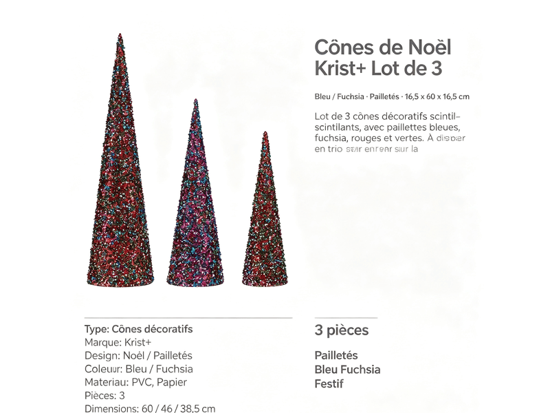  Cônes de noël krist+ bleu fuchsia pailletés lot de 3 S3612042 - Conforama E