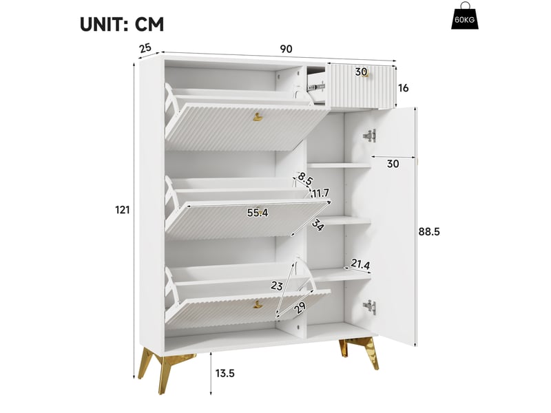 Meuble à chaussures 90x25x121 cm blanc avec 3 abattants, tiroir et porte - Conforama C