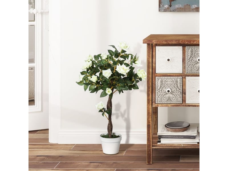  Plante artificielle de rose avec 21 fleurs, pot en béton et mousse, décor résistant aux uv, ø18x90 cm, blanc et vert  - Conforama C