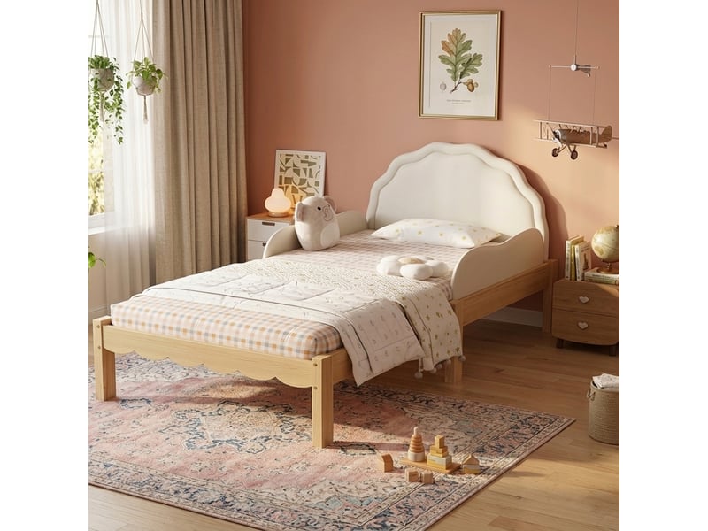  Lit enfant 90x200 cm avec tête de lit rembourrée en pu, barrières de sécurité latérales, sommier à lattes, beige OMNIGLINT TRADING LTD - Conforama B