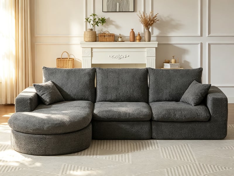  Canapé d’angle, formes courbes et méridienne, compressé sans structure, mousse, sans montage, 80x250x160 cm, gris  - Conforama B