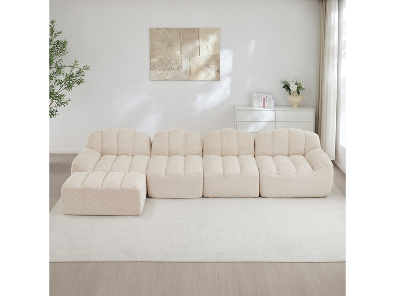 Canapé modulable 4 places avec ottoman beige blanc en tissu bouclette - Conforama B