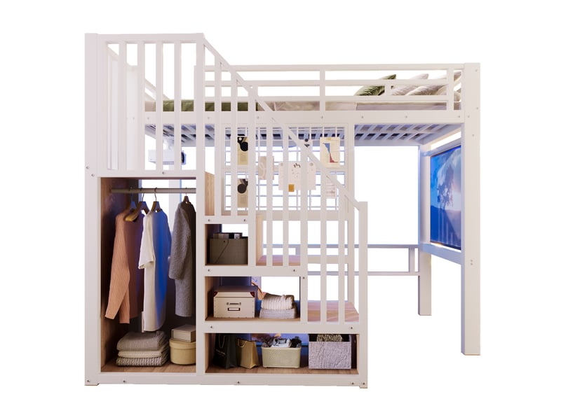  Lit mezzanine 90x200 cm avec led, escalier de rangement, panneau grillagé, support projecteur et sommier, gain de place en métal, blanc Sol Morn - Conforama A