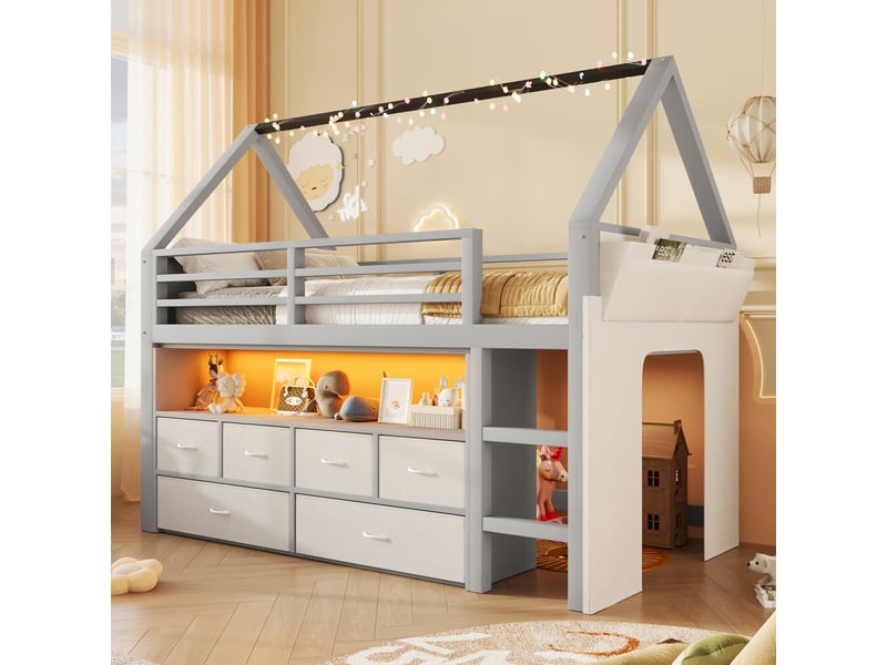  Lit mezzanine enfant avec guirlande led multicolore, 90x200 cm, 6 tiroirs en tissu, forme cabane en pin et mdf gris  - Conforama E