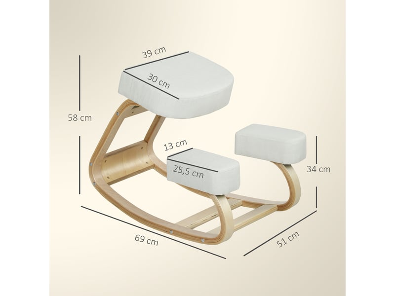  Siège assis-genoux en bois de bouleau et tissu rembourré blanc crème 51x69x58 cm  - Conforama C