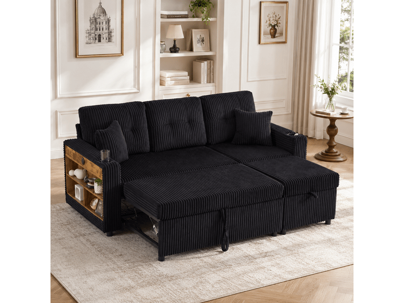  Canapé convertible 196 x 82-144 x 85 cm,coffre de rangement,usb-c, éclairage d’ambiance,porte-gobelets,accoudoirs larges,velours côtelé,noir Bliss Lite - Conforama B