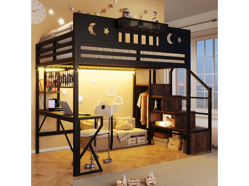  Lit mezzanine 140x200 cm, lit enfant, bureau, panneau perforé, étagères, barrière antichute, led, port usb, bois et métal noir  - Conforama D
