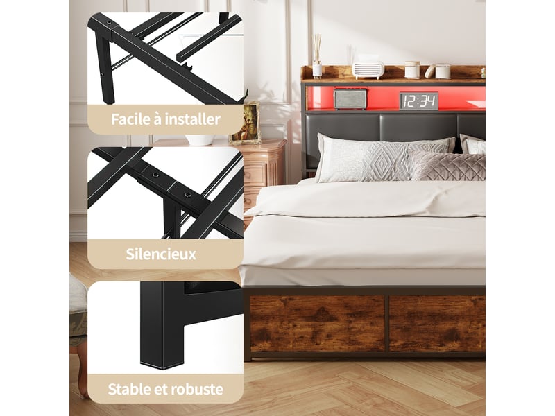 Cadre de lit 140x200cm en métal, lit avec sommier à lattes et 4 tiroirs, tête de lit avec rangement et éclairage led, lit capitonné pour adultes et adolescent  - Conforama D