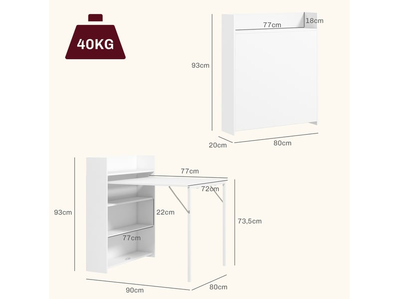 Table de salle à manger pliante avec rangement intégré, fonction anti-basculement, pour petite cuisine, blanc  - Conforama C