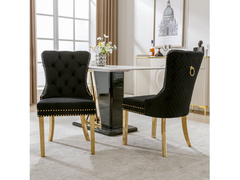  Lot de 2 chaises de salle à manger en velours noir et doré  - Conforama B