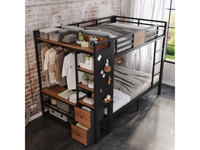  Lit superposé 120 x 200 cm, lit en métal noir avec finition effet bois, avec armoire de rangement et panneau perforé  - Conforama D