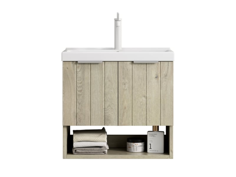  Meuble lavabo suspendu - kairo - 55cm - céramique blanche - étagère ouverte - bois crème 55x32x53cm - Conforama A