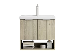 Meuble lavabo suspendu - kairo - 55cm - céramique blanche - étagère ouverte - bois crème