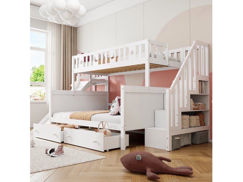  Modenvie lit superposé enfant 90x200140x200 cm - avec toboggan, rangements et sommier, sans matelas - blanc  - Conforama E