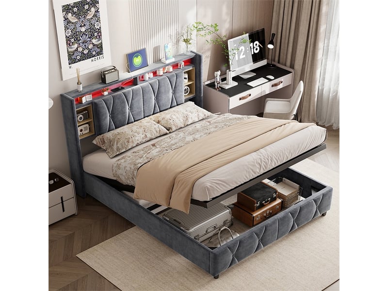  Lit 160x200 cm - lit coffre 160x200 cm - sommier relevable led usb prise rangement tête de lit - velours gris foncé  - Conforama B