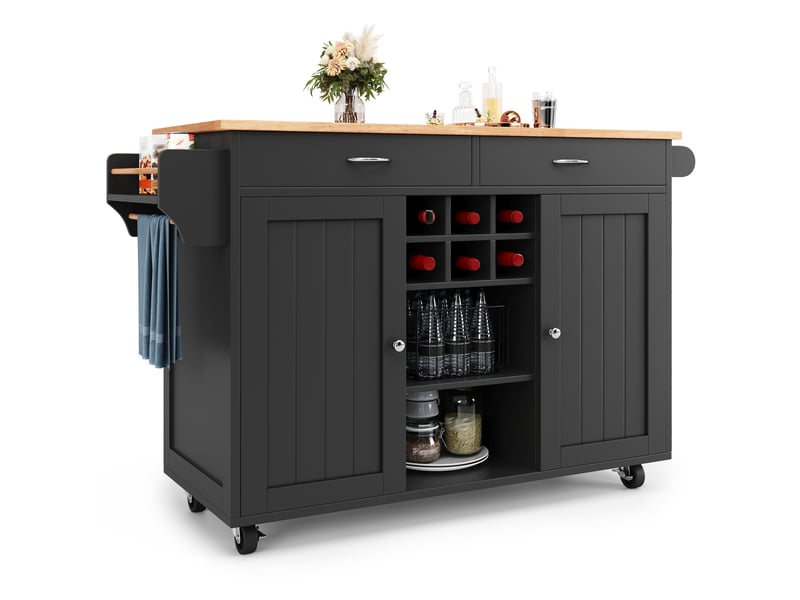 Desserte de cuisine à roulettes avec séparateurs réglables et casier à vin, en mdf et métal noir, 102×45×92 cm - Conforama A