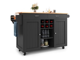 Desserte de cuisine à roulettes avec séparateurs réglables et casier à vin, en mdf et métal noir, 102×45×92 cm