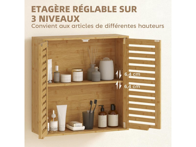  Armoire murale de salle de bain en bambou avec étagère réglable 60 x 20 x 60 cm  - Conforama E