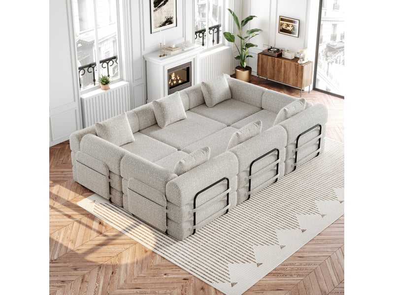  Canapé modulable convertible 6 places en tissu kaki avec rangement d'accoudoir, pour intérieur flexible et accueillant  - Conforama E