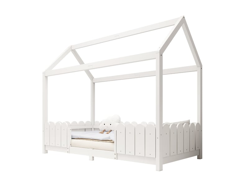  Lit cabane enfant 90x200 cm avec barrière et sommier à lattes blanc  - Conforama A