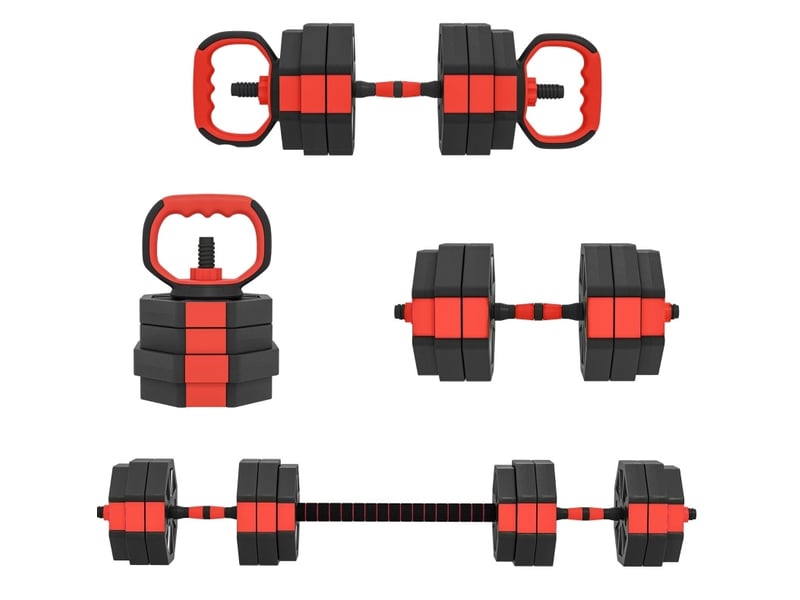  Set de musculation 4 en 1 25 kg 125 x 18 x 18 cm rouge en plastique, haltères réglables et barre longue  - Conforama A