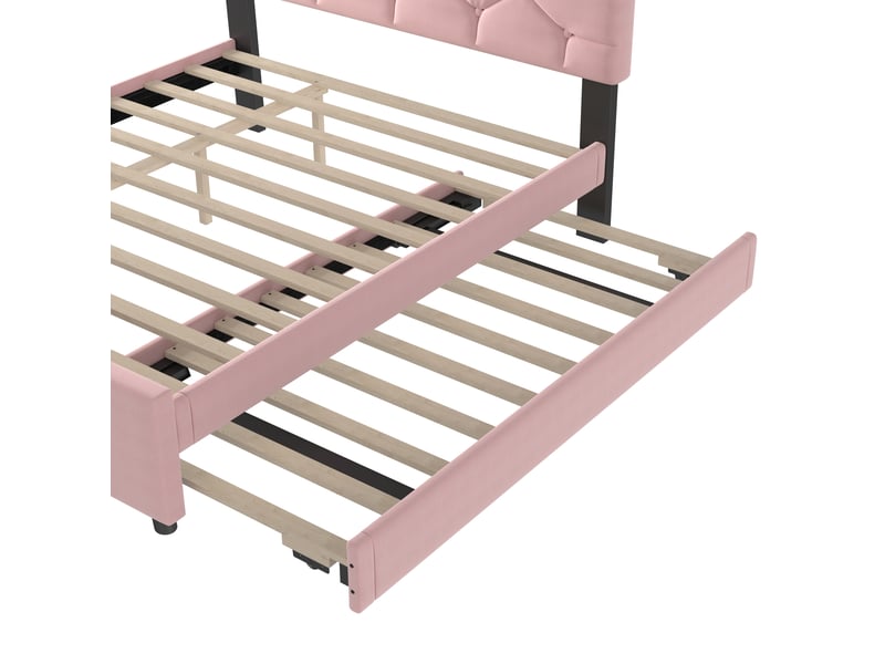  Lit gigogne 140x200 cm, lit enfant, design boutonné romantique, sommier, velours et mdf, rose, sans matelas  - Conforama R