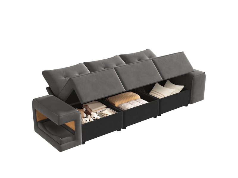  Canapé modulable 3 places, velours gris avec accoudoirs larges, canapé avec rangement intégré et niche intégrée pour salon, 229.5cm  - Conforama A