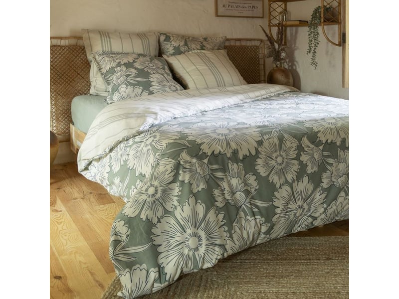  Housse de couette 260x240cm coton imprimé recto floral verso rayé vert sauge et blanc - tamia  - Conforama D