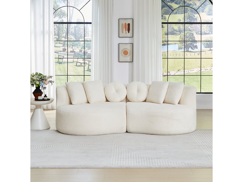  Canapé modulaire 2 éléments forme arrondie avec 6 coussins - lpospi - dossier continu chenille beige  - Conforama B