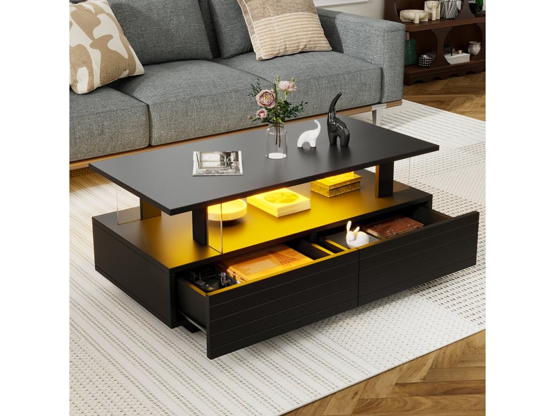 Table basse led noire en acrylique avec 2 tiroirs, contrôle par application bluetooth, 100x50x42 cm - Conforama E