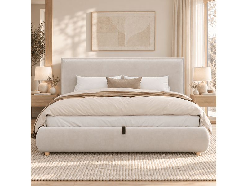  Lit coffre 160x200 cm, lit double en velours crème avec sommier, sans matelas  - Conforama B