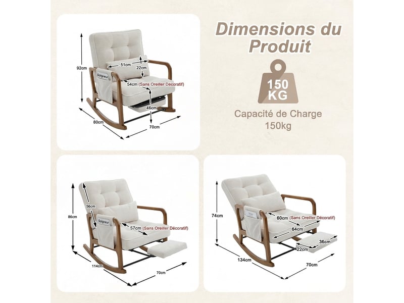  Fauteuil à bascule avec repose-pieds, fauteuil d'allaitement velours côtelé beige, dossier réglable, coussin lombaire, 70x80x92cm  - Conforama C