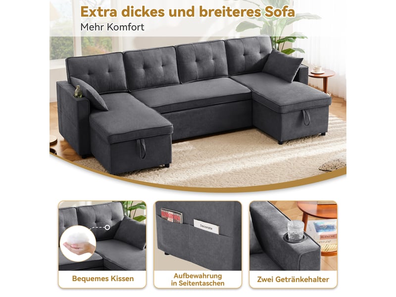 Canapé convertible en u 4 places tissu aspect lin gris avec coffre intégré et porte-gobelets - Conforama E