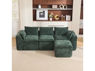 Canapé modulable 3 places en tissu chenille vert foncé, avec pouf, 2 poches latérales, porte-gobelets, 256×161×75 cm