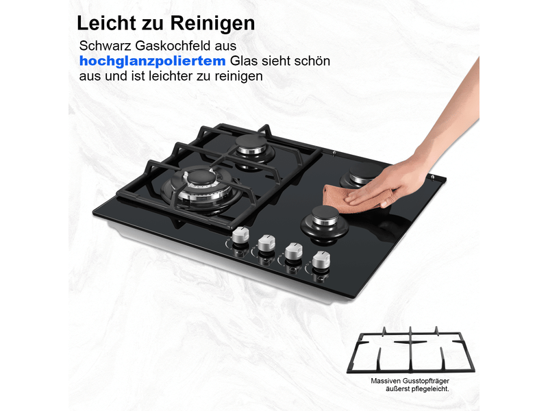 Plaque de cuisson gaz 4 feux, table de cuisson gaz 58 cm en verre trempé noir, encastrable ou indépendante, allumage électronique - Conforama D