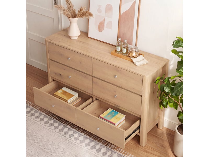  Commode 6 tiroirs - chêne - panneau de particules - poignées en métal argenté - 6 tiroirs spacieux 120x40x80cm - Conforama B